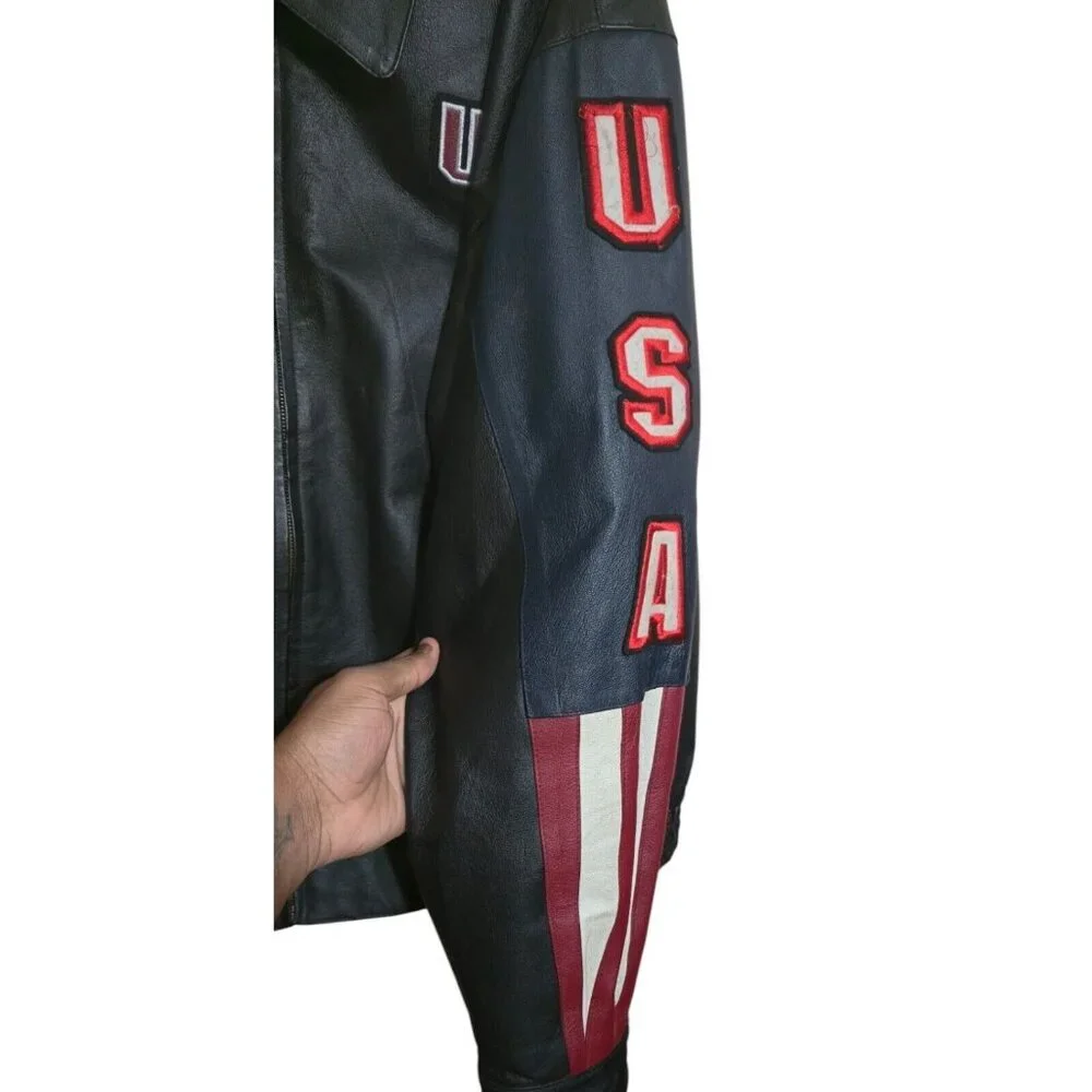 American Leather Jacket Men 2XL Multicolor USA Flag Eagle Bomber Biker Oversized - Picture 4 of 16